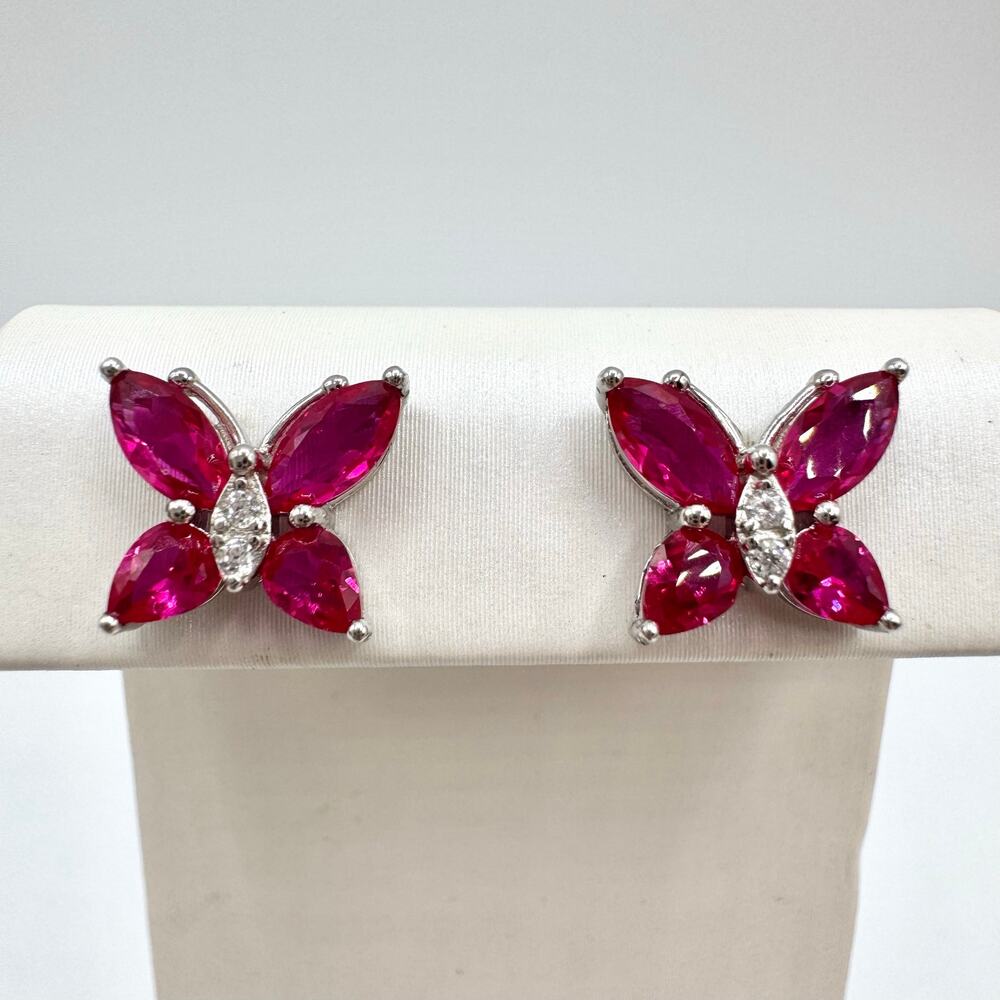 925 Sterling Silver Ruby Butterfly Stud Earrings Marquise Cut Stamped Tested